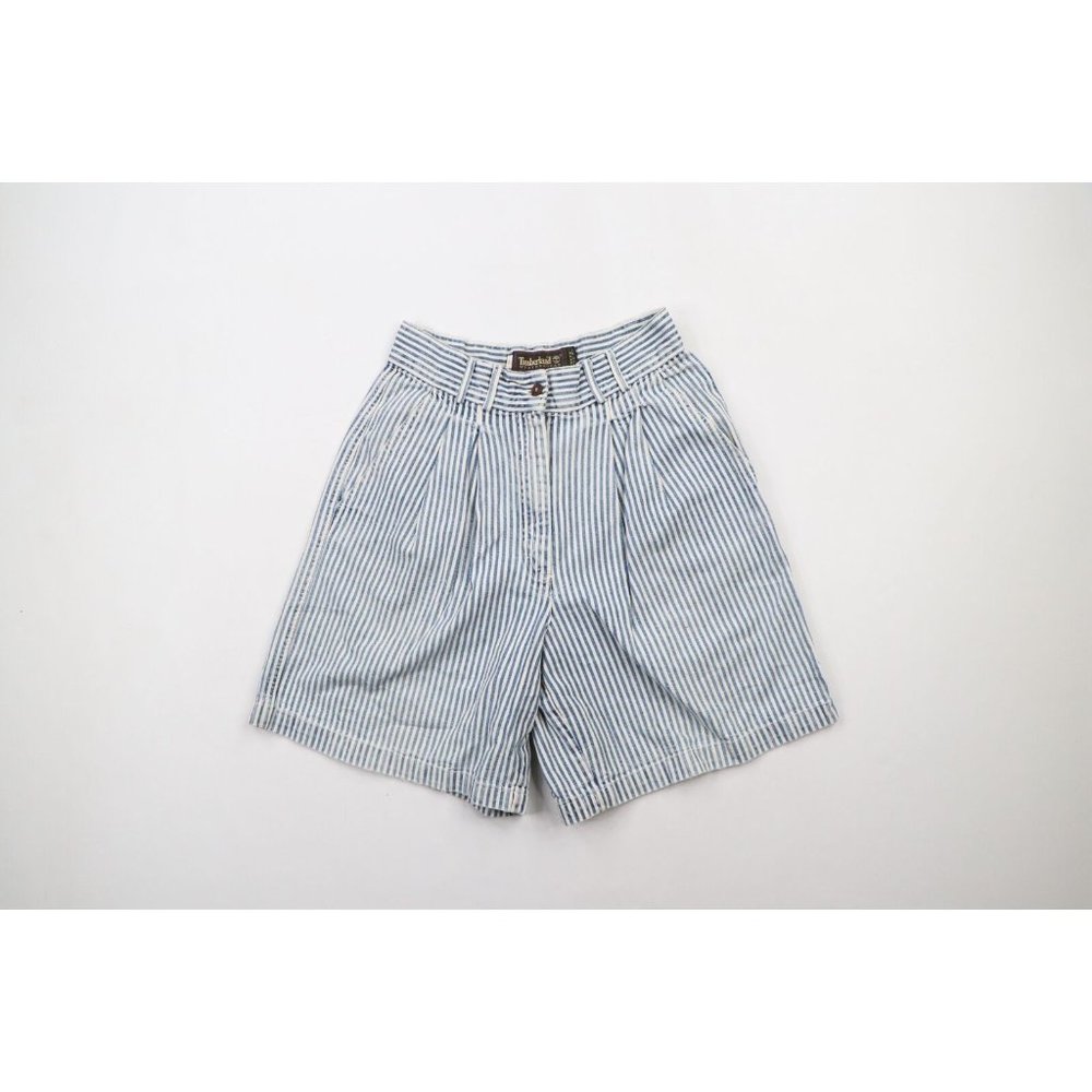 Vintage 90s Timberland Womens 10 Distressed Pleated Hickory Striped Shorts USA